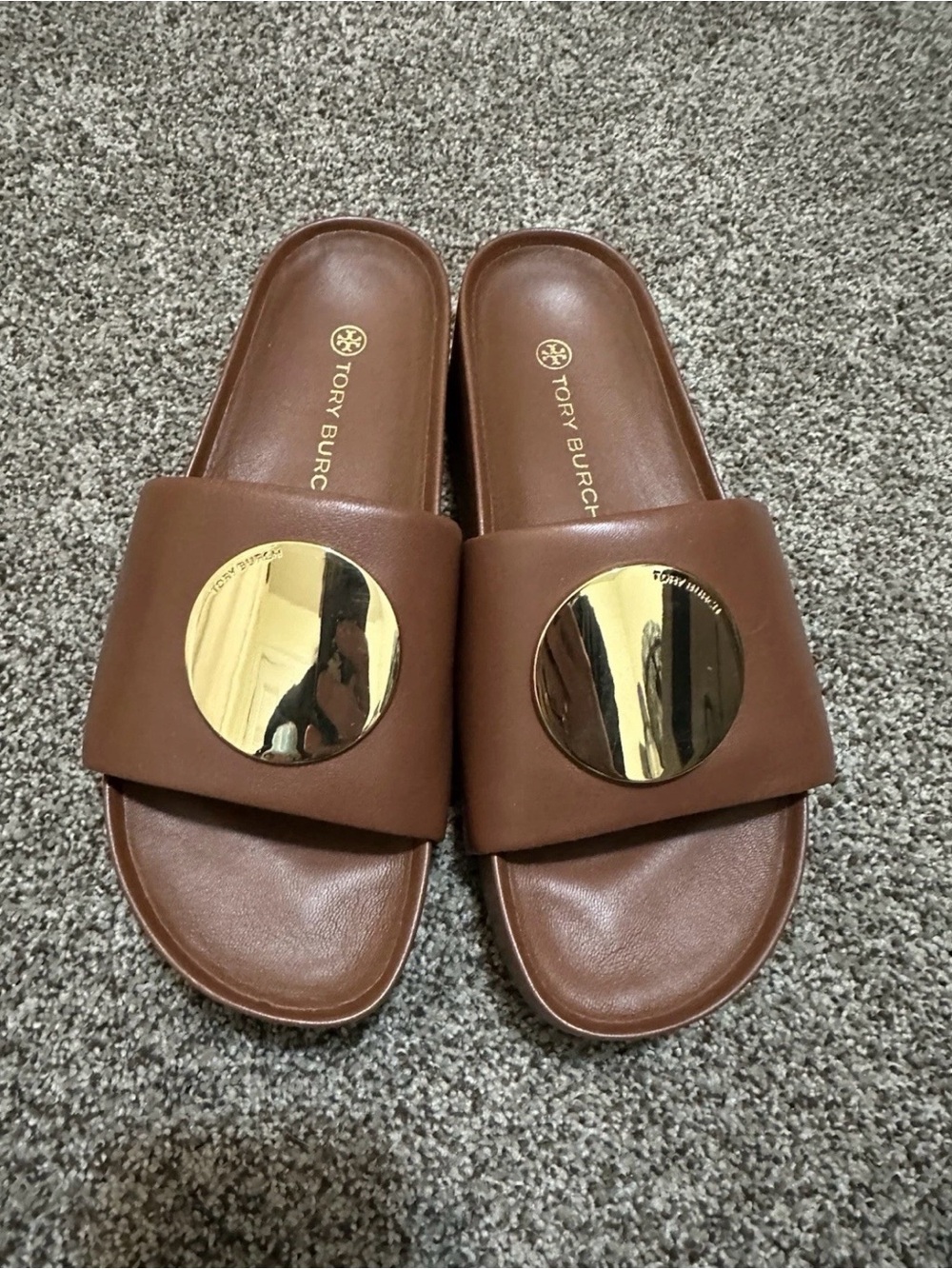 Tory Burch “Plato’s” Brown Leather Slide Sandals with Gold Disc Accent